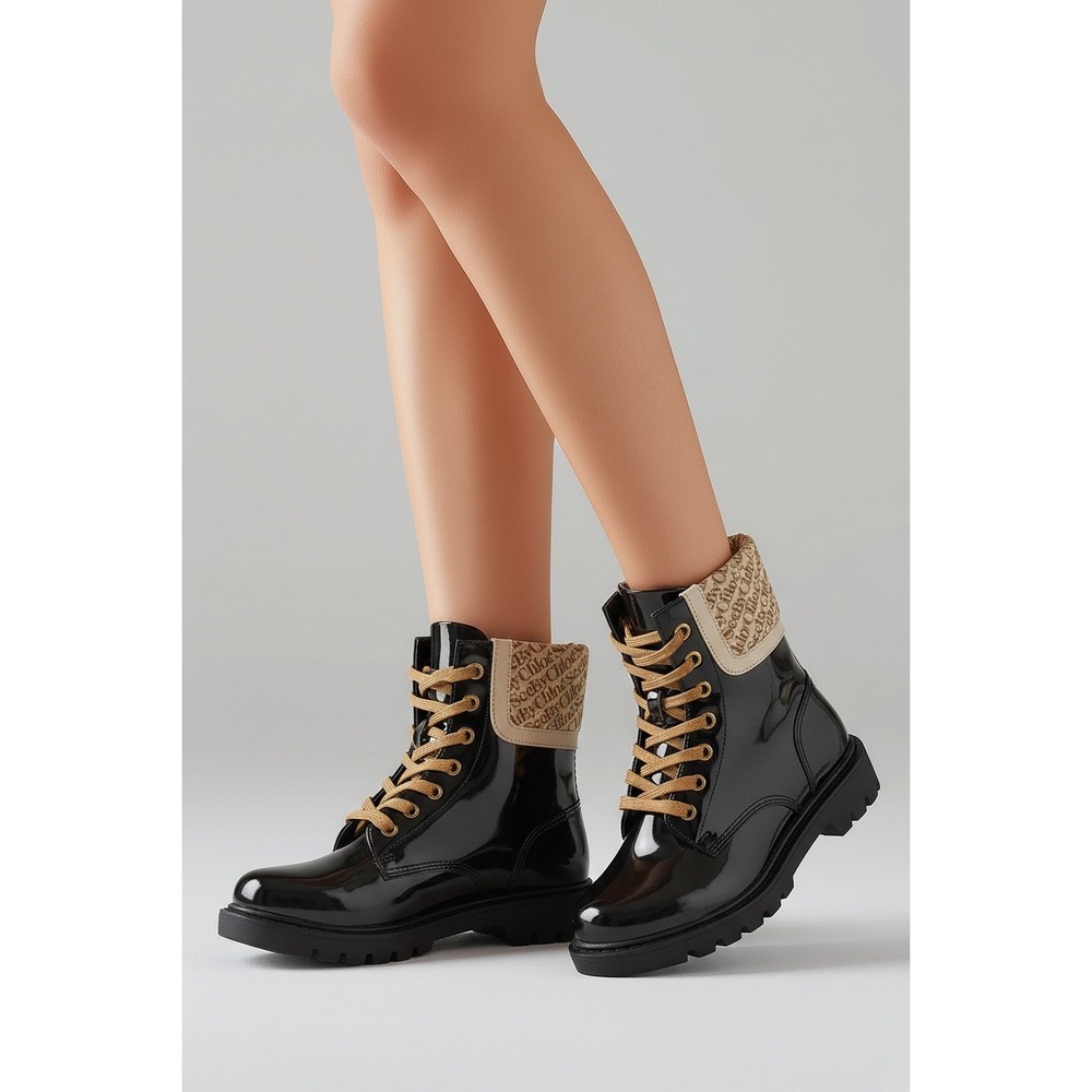 See By Chloe Luxury Black Glossy Logo Rain Boots Lace Up Combat Booties Size 8